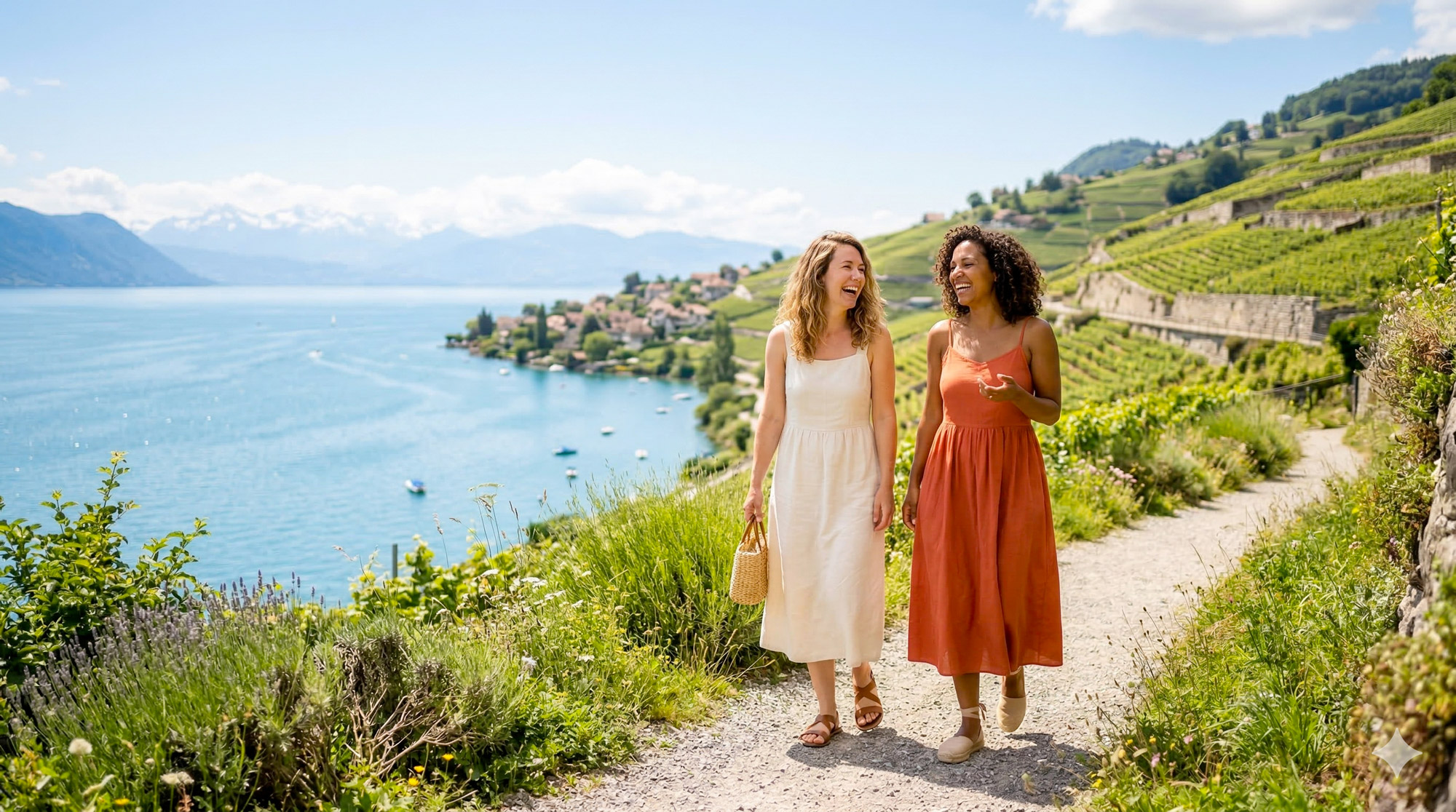 Promenade entre amies dans les vignes — bien-être et équilibre
