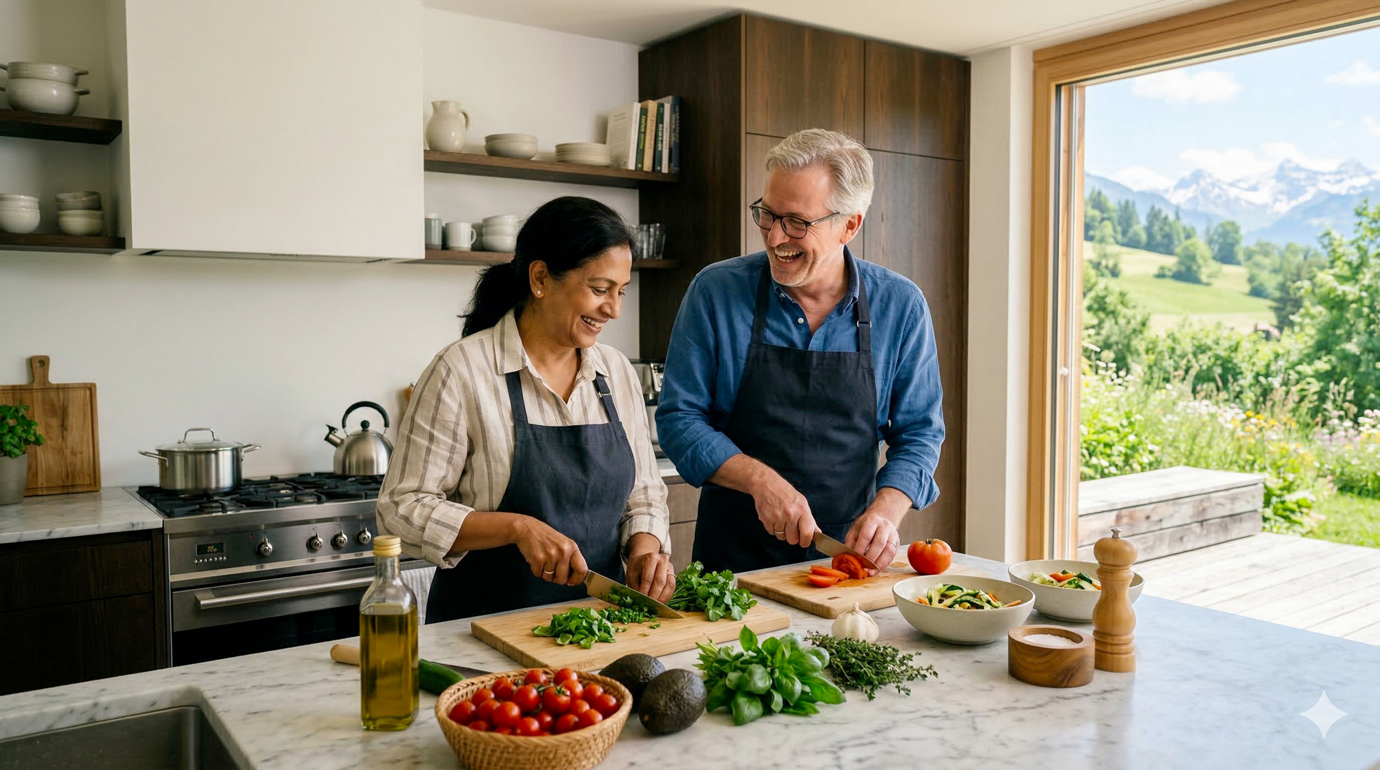 Couple qui cuisine ensemble — nutrition équilibrée