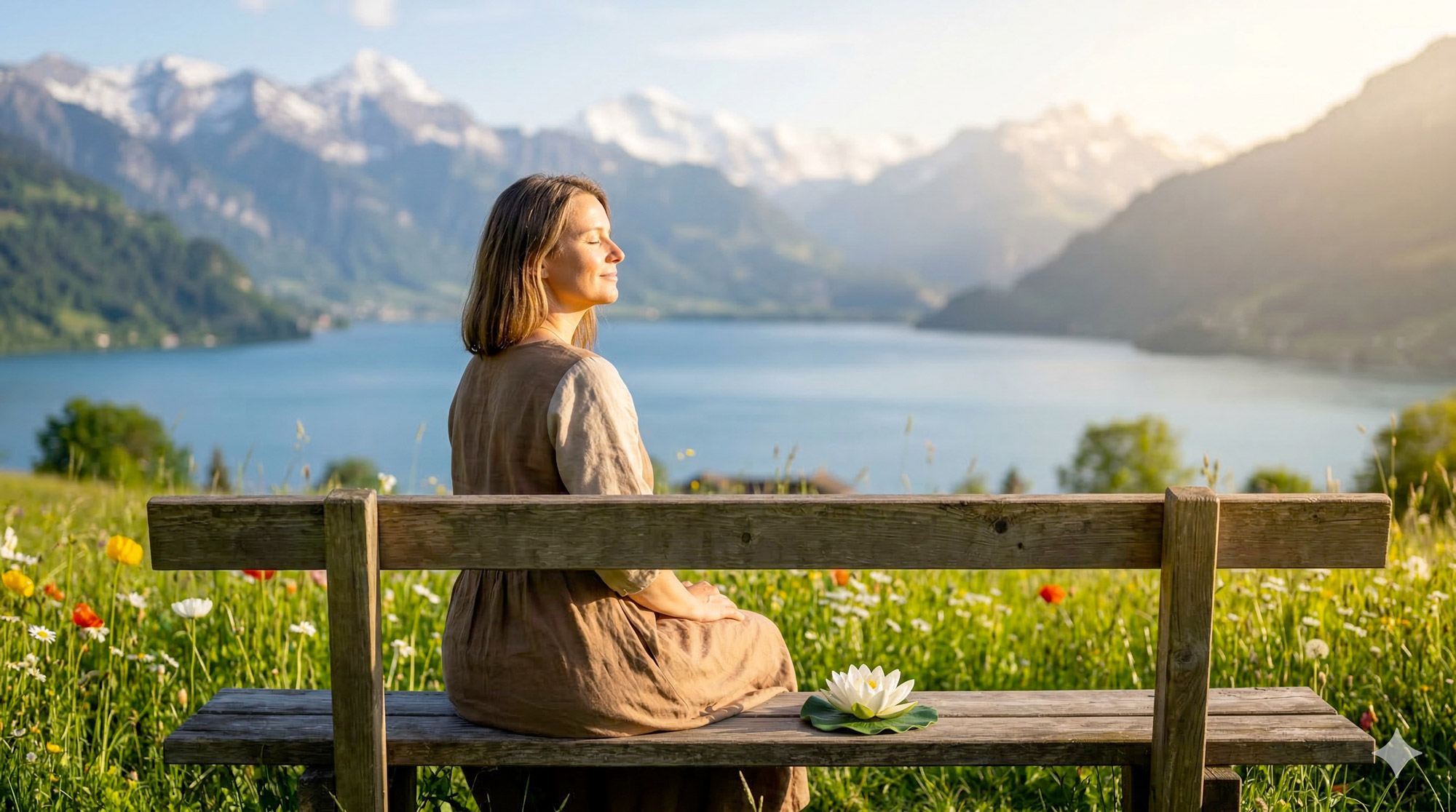 Femme sereine au bord du lac — sérénité et santé